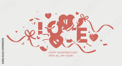 Love Text with Hearts and Ribbons.