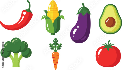  Set of fresh vegetables icons including chili corn eggplant avocado broccoli carrot tomato vector illustration colorful healthy food collection design