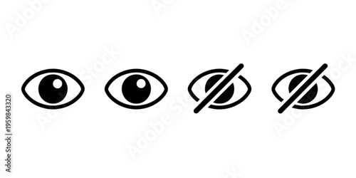 Black and white eye icons representing visibility and hidden status for digital user interfaces Vector