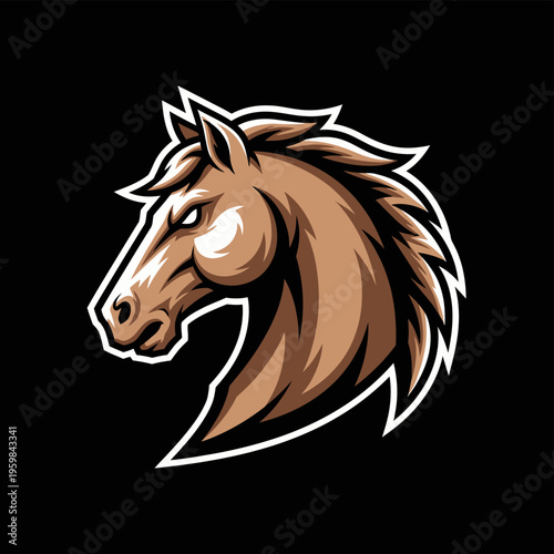 Powerful brown horse head mascot with intense gaze.