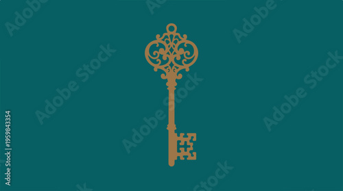 Large ornate golden antique key.