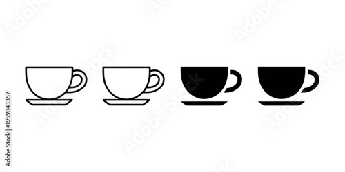 A collection of four coffee cup icons featuring two outlined and two solid black graphic designs Vector