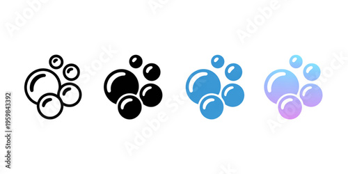 A collection of stylized soap bubble icons shown in line art solid black and gradient color styles Vector