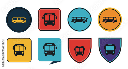 Set of Colorful Bus Transportation Icons in Various Shapes on an Isolated White Background