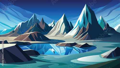 A serene digital illustration of majestic snow capped mountain peaks reflected in a calm blue lake