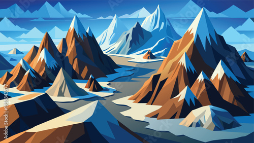 A stylized artistic illustration of a majestic mountain range landscape under a clear blue sky
