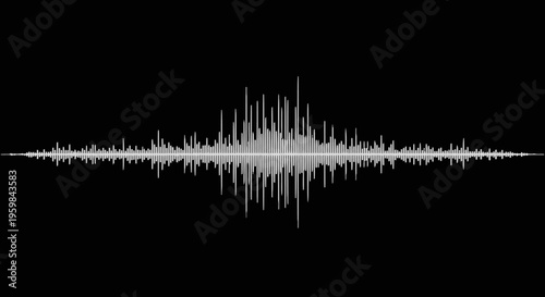Dynamic digital audio waveform or sound equalizer graphic, representing music, frequency, or voice, white lines on an isolated black background.
