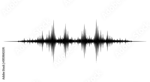 Dynamic digital audio waveform or sound equalizer graphic, representing music, frequency, or voice, black lines on an isolated white background.