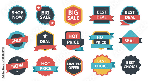 Collection of Sale and Promotion Badges with Shop Now, Big Sale, Hot Price, Best Deal isolated white background