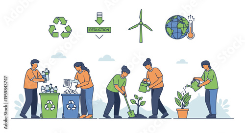 Group of People Caring for Environment with Recycling, Planting, and Watering Plants Outdoors