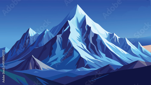A majestic digital illustration of a towering snow capped mountain peak under a clear blue sky