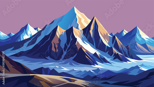 A serene digital illustration of majestic snow capped mountain peaks against a soft purple sky