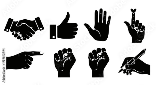 Collection of Black Silhouette Hand Gestures for Communication and Social Interaction Isolated White Background
