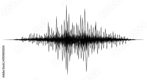 Abstract black sound wave or earthquake seismograph line graph, representing audio frequency or tremor data, on an isolated white background.