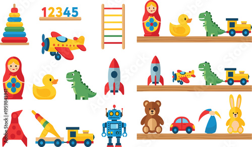 Colorful Kids Toys Collection Vector Set with Cartoon Rocket, Dinosaur, Robot, Teddy Bear, Train, and Educational Play Objects for Children Design.