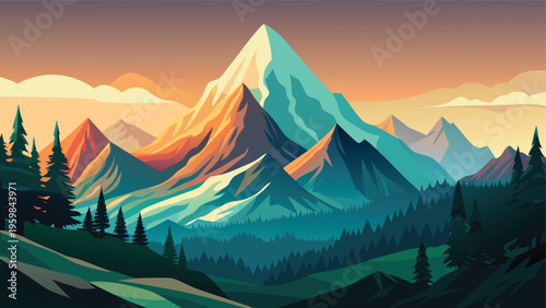 A vibrant digital illustration of a majestic snow capped mountain range at golden hour sunset time