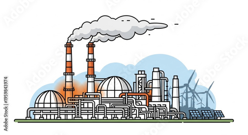 Industrial Plant with Smoke Stacks and Wind Turbines Illustration.