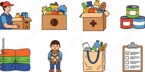  Set of donation and charity icons including food clothing medicine boxes volunteer supplies vector illustration isolated colorful humanitarian aid collection design