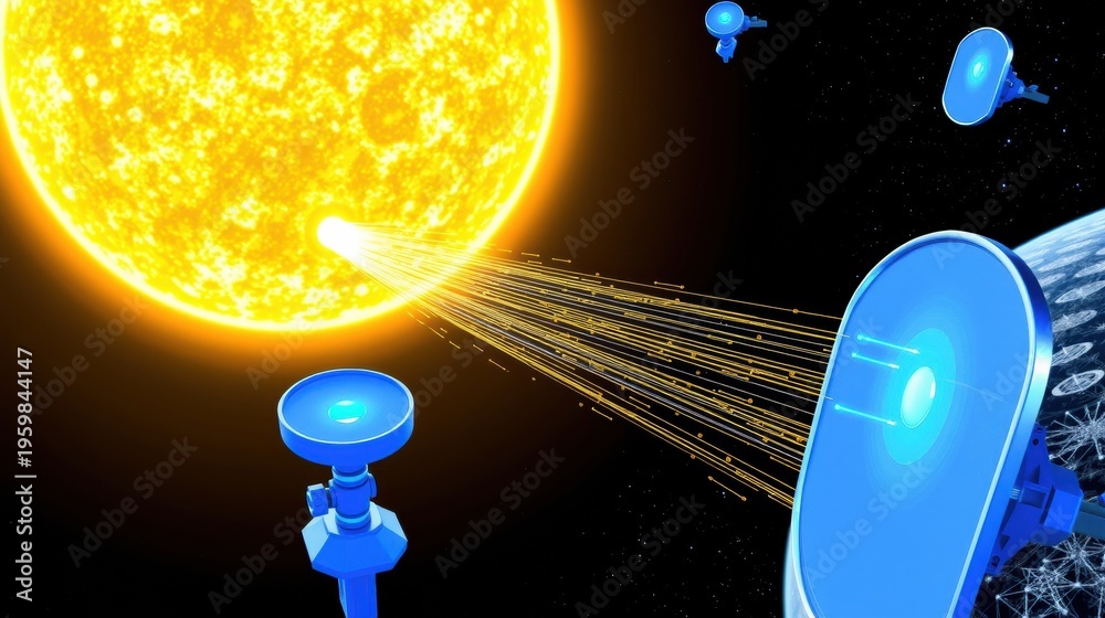Fototapeta premium Solar radiation impacts multiple space telescopes. Bright sun emits energy toward detectors. Dark background shows vast cosmos.