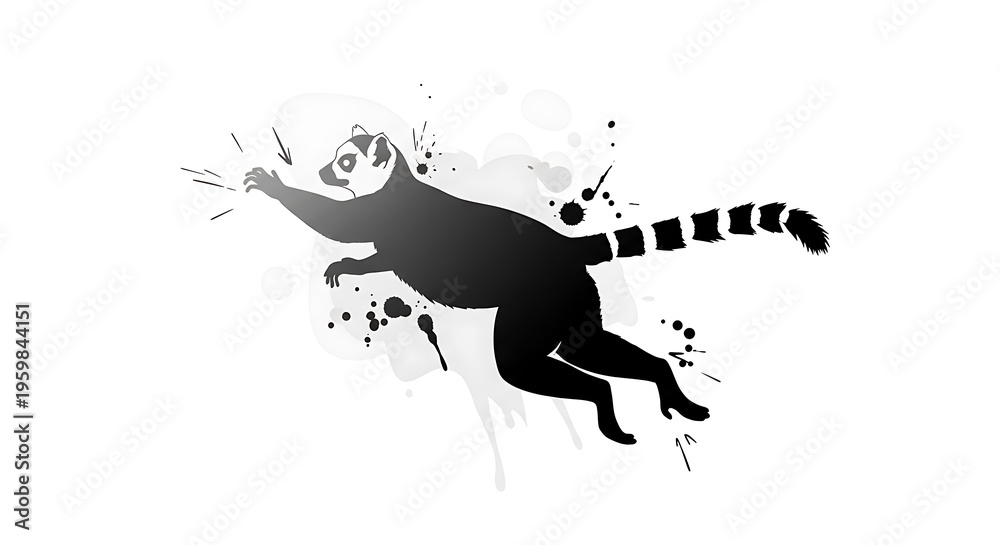 Fototapeta premium A leaping lemur illustration with splatters and splashes on transparent background