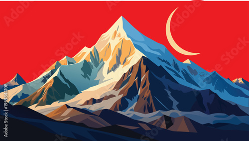 A stylized artistic illustration of a majestic snow capped mountain peak under a vibrant red sky