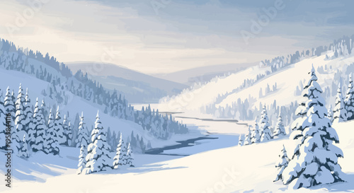 Serene winter landscape with snowy mountains and a winding river through a pine forest.