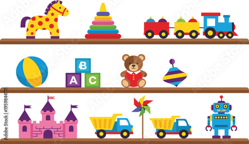 Colorful Kids Toys on Shelves Vector Illustration with Train, Teddy Bear, Blocks, Ball, Castle, Robot, and Play Objects for Children Design.
