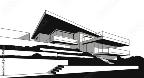 Modern minimalist residential building with balconies and stairs