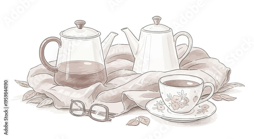 Still life with teapots, teacup and glasses