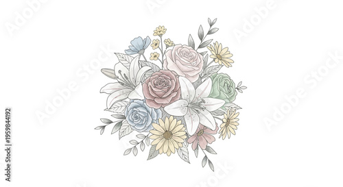 Soft colored flower bouquet illustration with roses and lilies