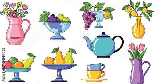  Set of decorative kitchen tableware and fruit vector illustrations featuring vases flowers grapes citrus teapot cups and elegant home still life collection