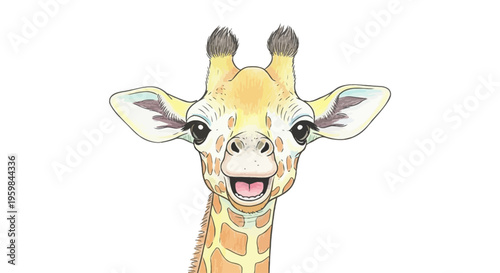 Cute baby giraffe with open mouth and big eyes on white background