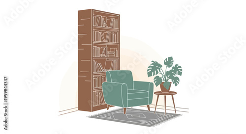 Cozy reading nook with armchair, bookshelf and potted plant