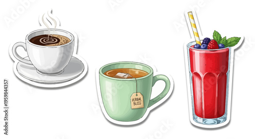 Coffee, tea, and berry smoothie drinks.