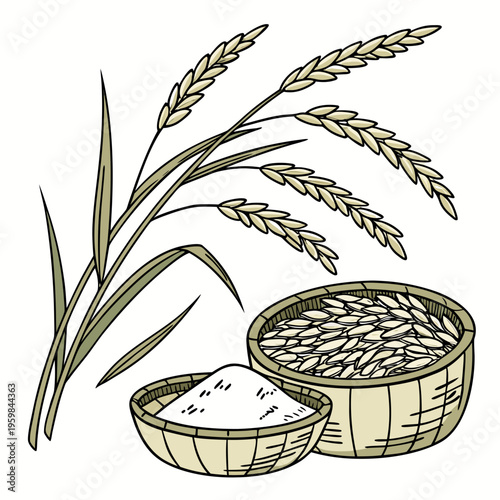 Rice bowls and stalks with grains food