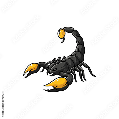 Black scorpion with yellow claws and tail stinger.