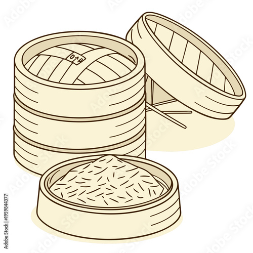 Steamer baskets with rice bamboo baskets food Asian cuisine