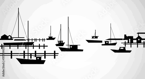 Silhouetted boats and harbor structures on a white background
