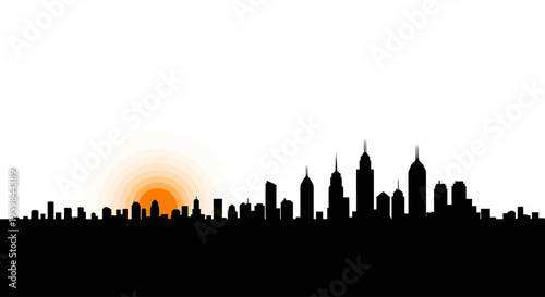 City skyline silhouette with sun rising or setting illustration.