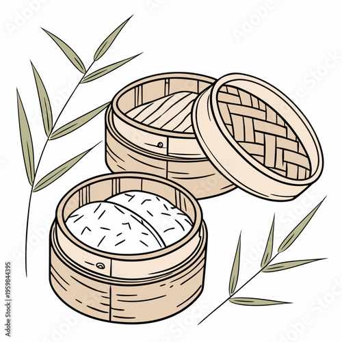 Steamed dumplings in bamboo steamer baskets with bamboo leaves
