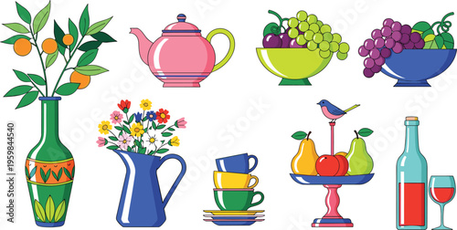  Set of decorative kitchen objects including vases teapot fruit bowls pitcher cups bottles and glass vector illustration colorful home decor collection