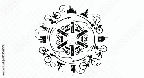 Bicycles and urban building silhouettes form a circular flow diagram illustrating sustainable transportation or cycling infrastructure in a continuous loop.