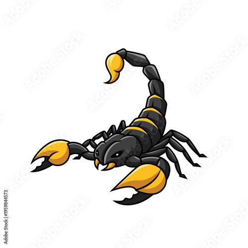 Cartoon black scorpion with yellow claws and tail.