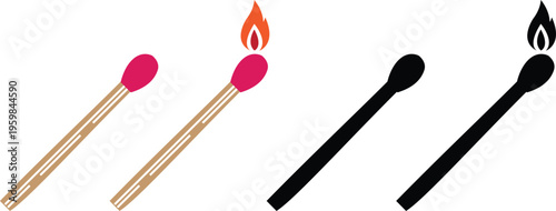 Matchstick icons set burning match stick flame symbols and matchbox for ignition, fire starter tool vector silhouettes and outline illustration for safety and camping collection group