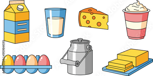  Set of dairy food vector illustrations featuring milk carton glass cheese slice yogurt cup eggs butter blocks and metal milk can collection