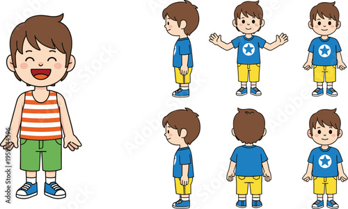Cute Cartoon Boy Character Turnaround Set with Multiple Views and Poses Including Front, Side, and Back for Animation and Kids Vector Illustration Design.