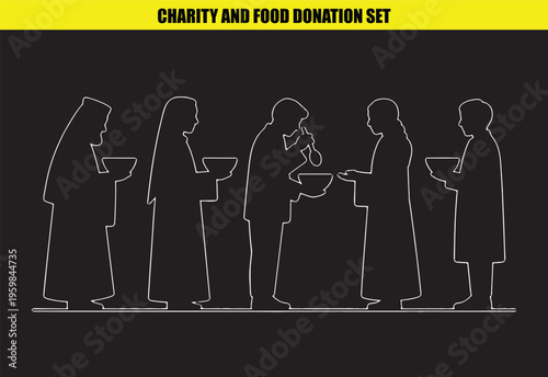 Charity and Food Donation Outline Icon Set Vector with People Receiving and Giving Food in Bowls, Ideal for Social Issues and Humanitarian Aid Designs