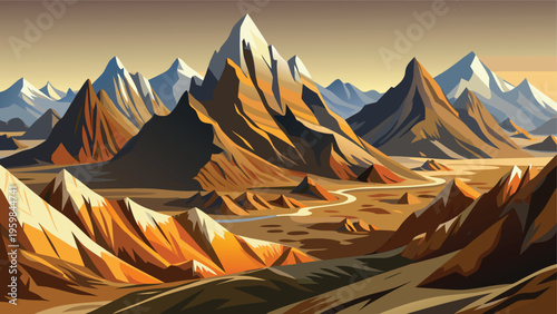 A majestic landscape featuring towering snow-capped mountain peaks under a warm golden sunset sky
