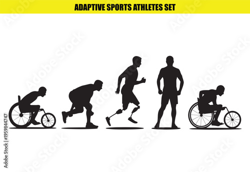 Adaptive Sports Athletes Set Vector Illustration with Silhouettes of Disabled People in Wheelchairs and with Prosthetics for Running and Standing