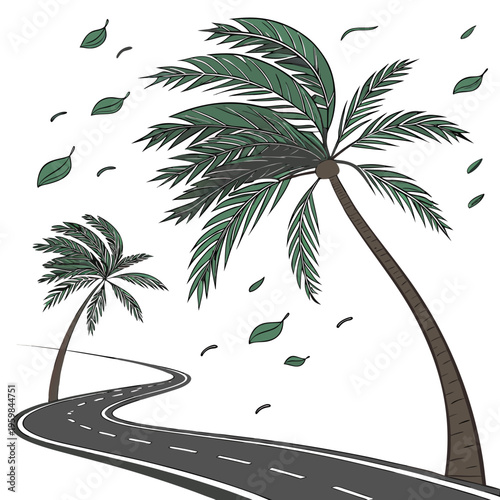 Palm trees on a windy road leaves green